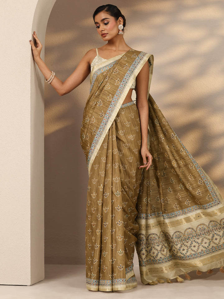 Brown Printed Silk Blend Saree With Unstitched Blouse Piece