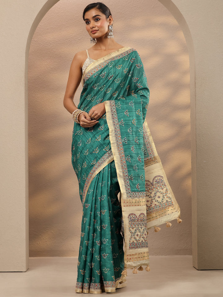 Green Printed Silk Blend Saree With Unstitched Blouse Piece