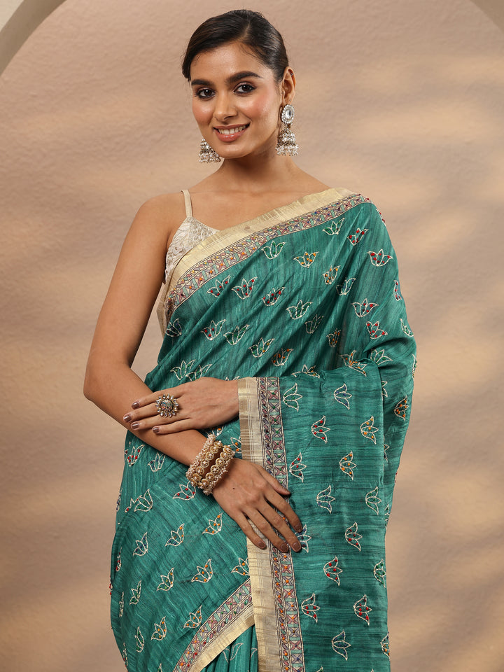 Green Printed Silk Blend Saree With Unstitched Blouse Piece