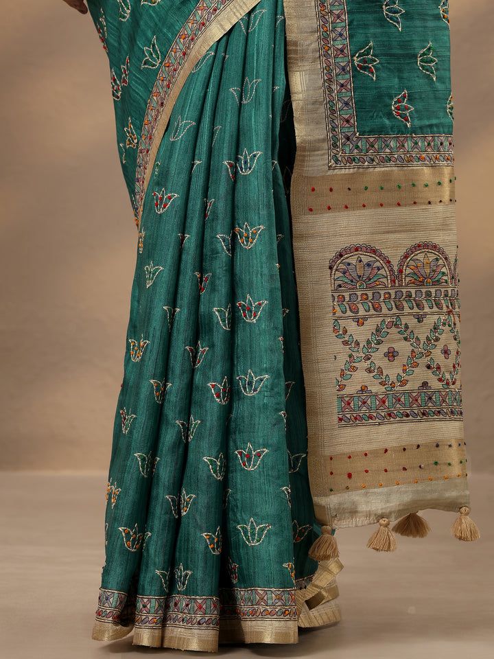 Green Printed Silk Blend Saree With Unstitched Blouse Piece
