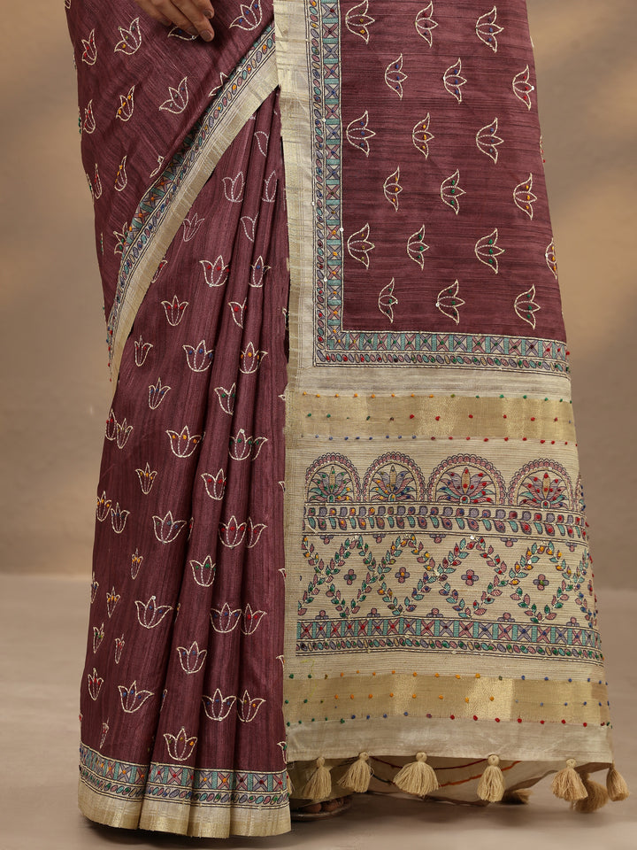 Mauve Printed Silk Blend Saree With Unstitched Blouse Piece