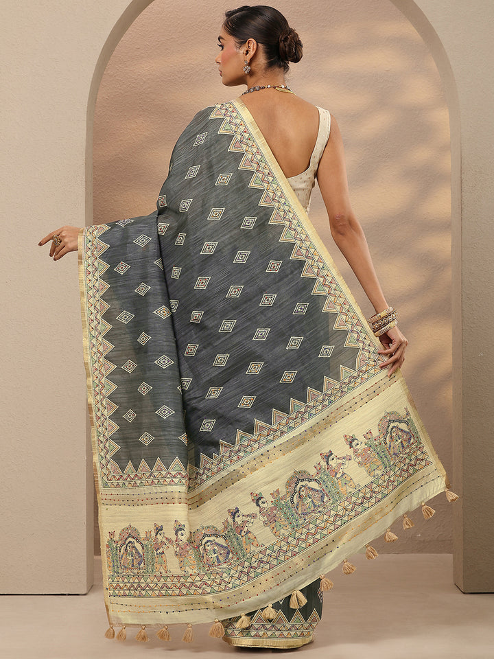 Grey Printed Silk Blend Saree With Unstitched Blouse Piece
