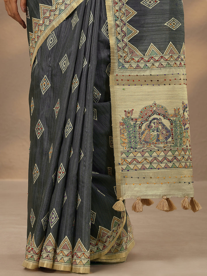 Grey Printed Silk Blend Saree With Unstitched Blouse Piece