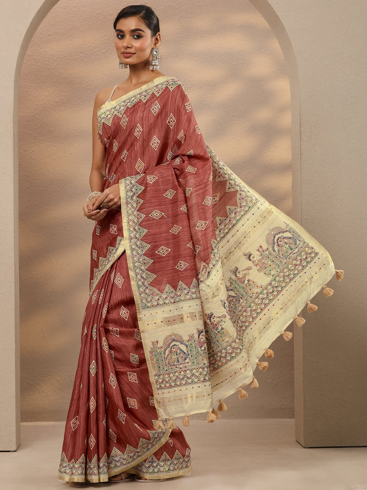 Rust Printed Silk Blend Saree With Unstitched Blouse Piece