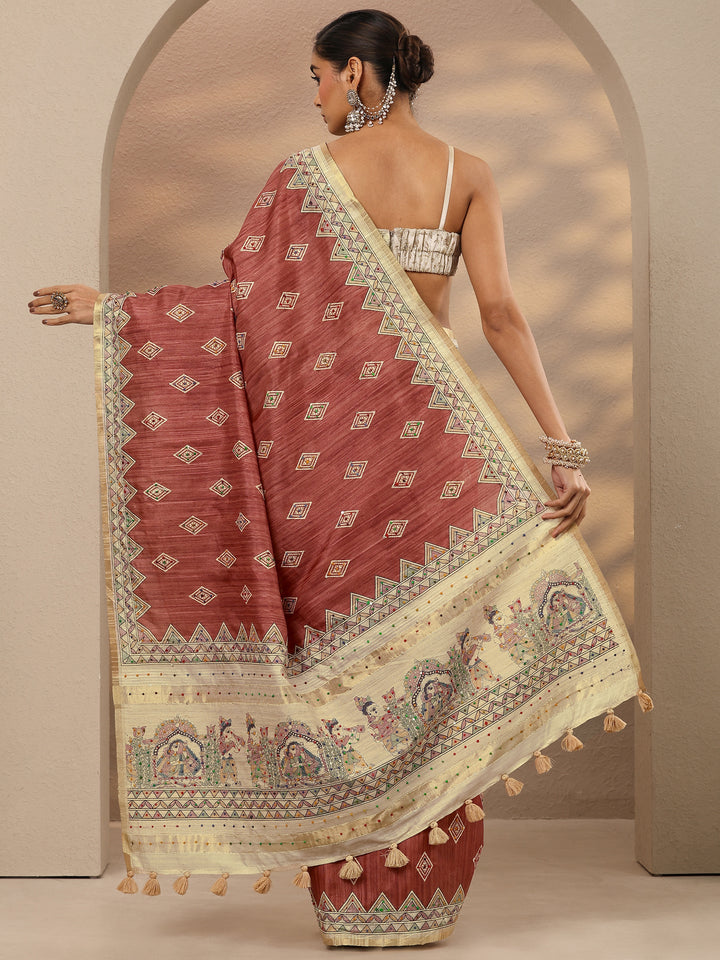 Rust Printed Silk Blend Saree With Unstitched Blouse Piece