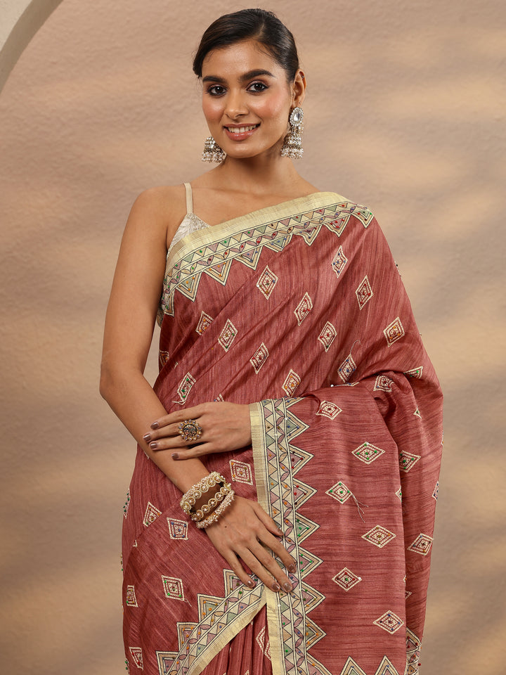 Rust Printed Silk Blend Saree With Unstitched Blouse Piece