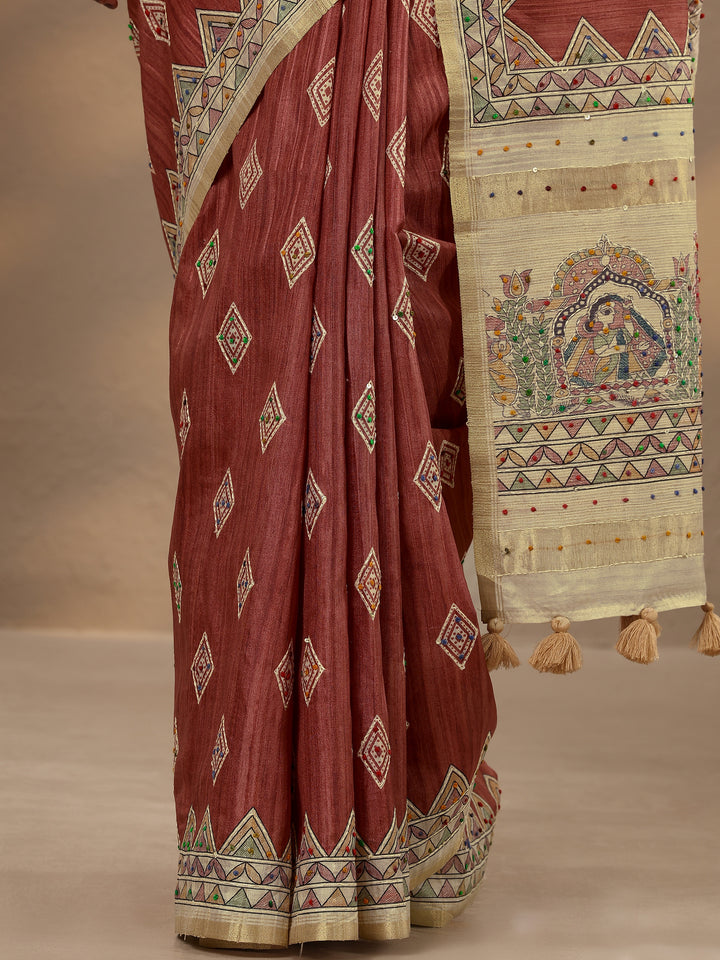 Rust Printed Silk Blend Saree With Unstitched Blouse Piece
