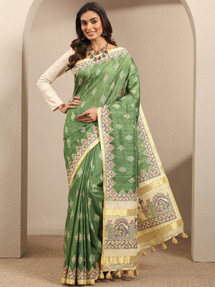 Green Printed Silk Blend Saree With Unstitched Blouse Piece
