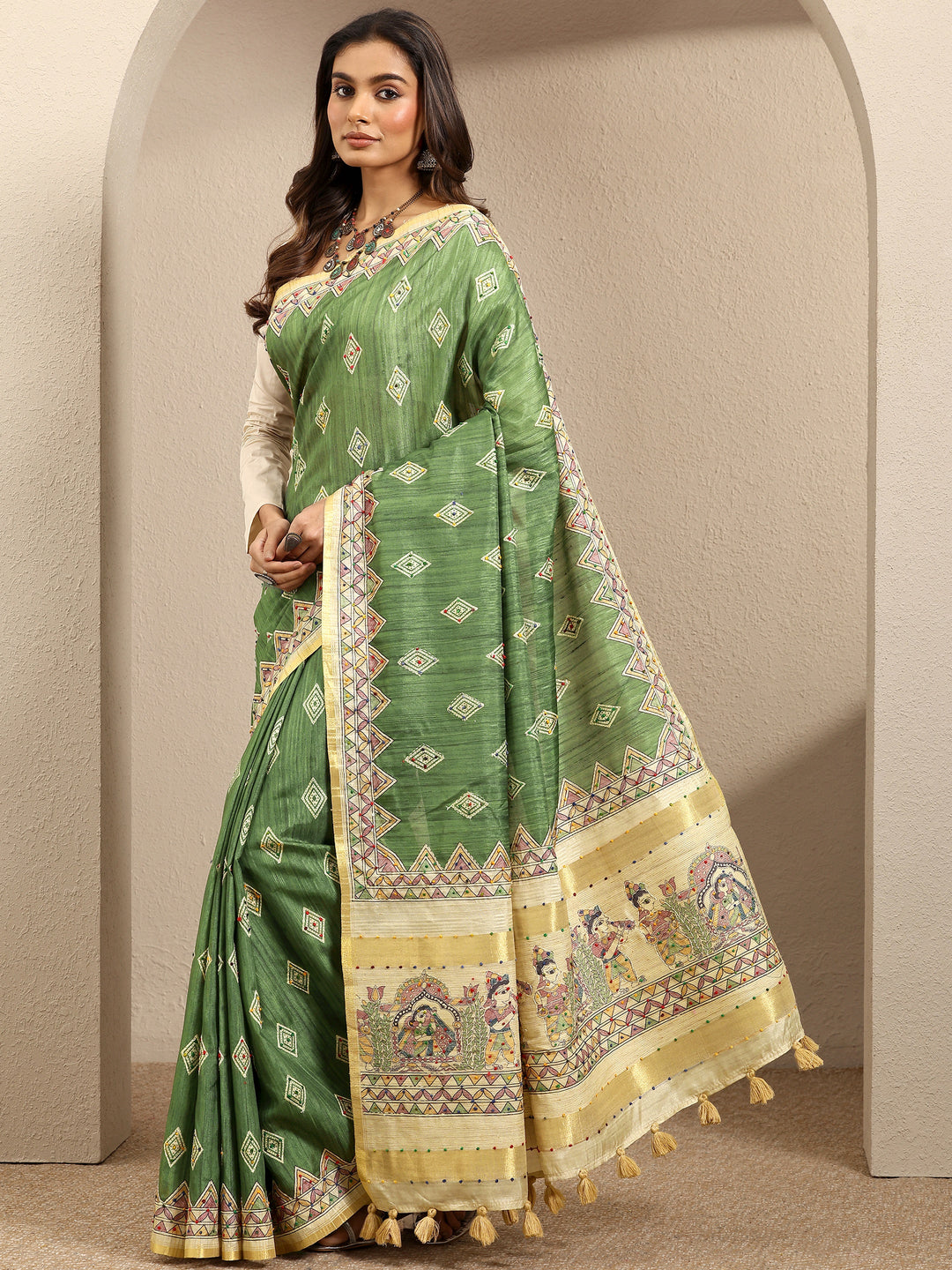 Green Printed Silk Blend Saree With Unstitched Blouse Piece