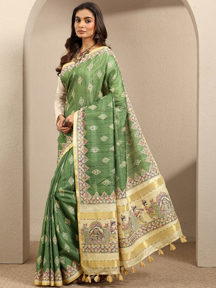 Green Printed Silk Blend Saree With Unstitched Blouse Piece