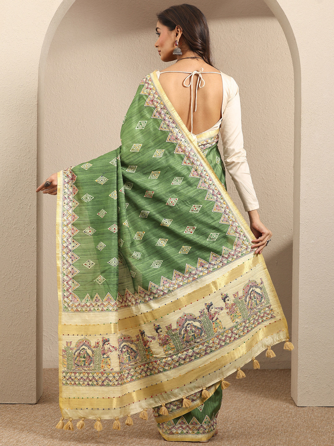 Green Printed Silk Blend Saree With Unstitched Blouse Piece