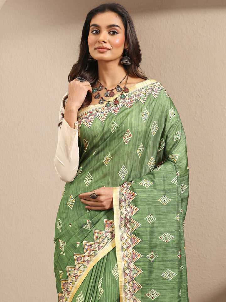 Green Printed Silk Blend Saree With Unstitched Blouse Piece