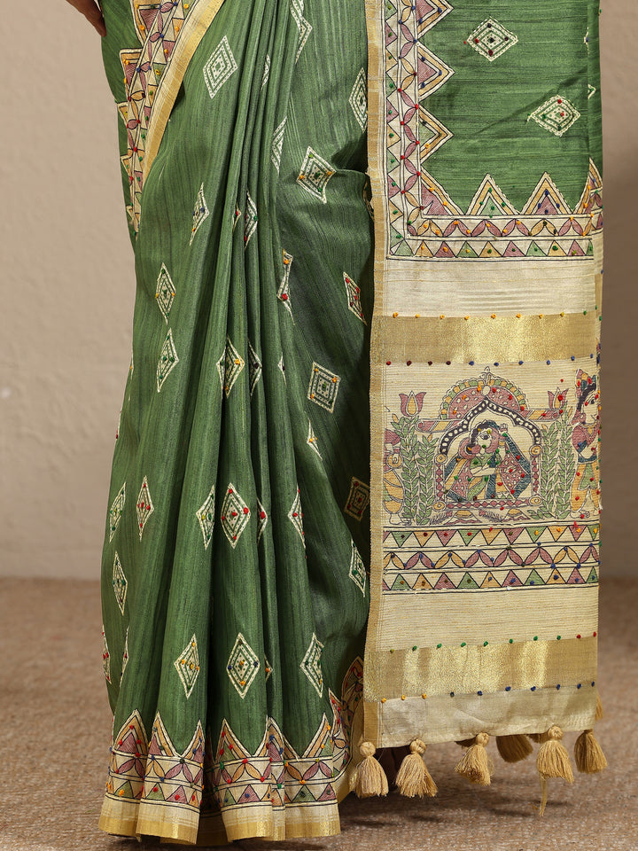Green Printed Silk Blend Saree With Unstitched Blouse Piece