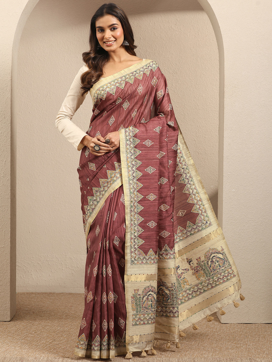 Mauve Printed Silk Blend Saree With Unstitched Blouse Piece