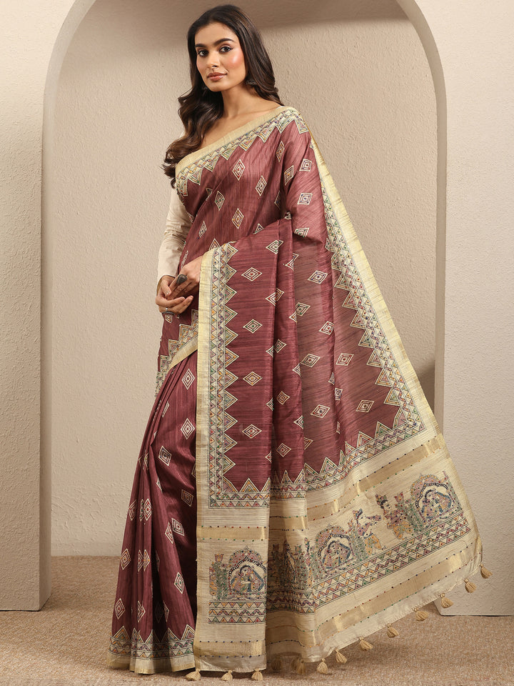 Mauve Printed Silk Blend Saree With Unstitched Blouse Piece
