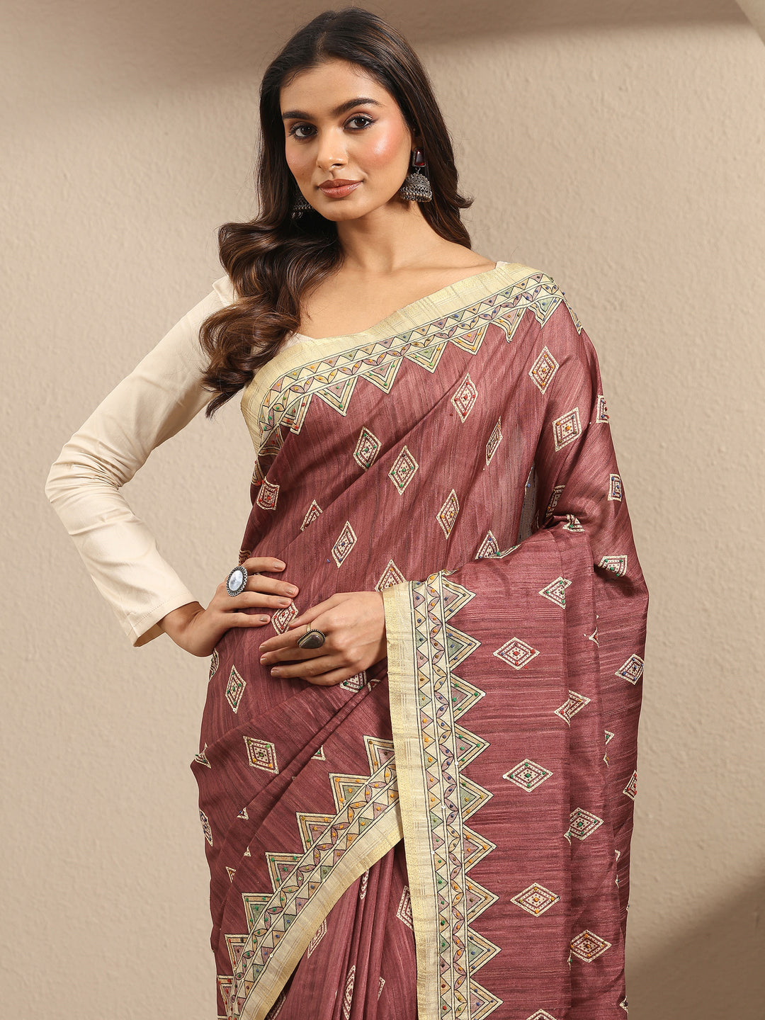 Mauve Printed Silk Blend Saree With Unstitched Blouse Piece