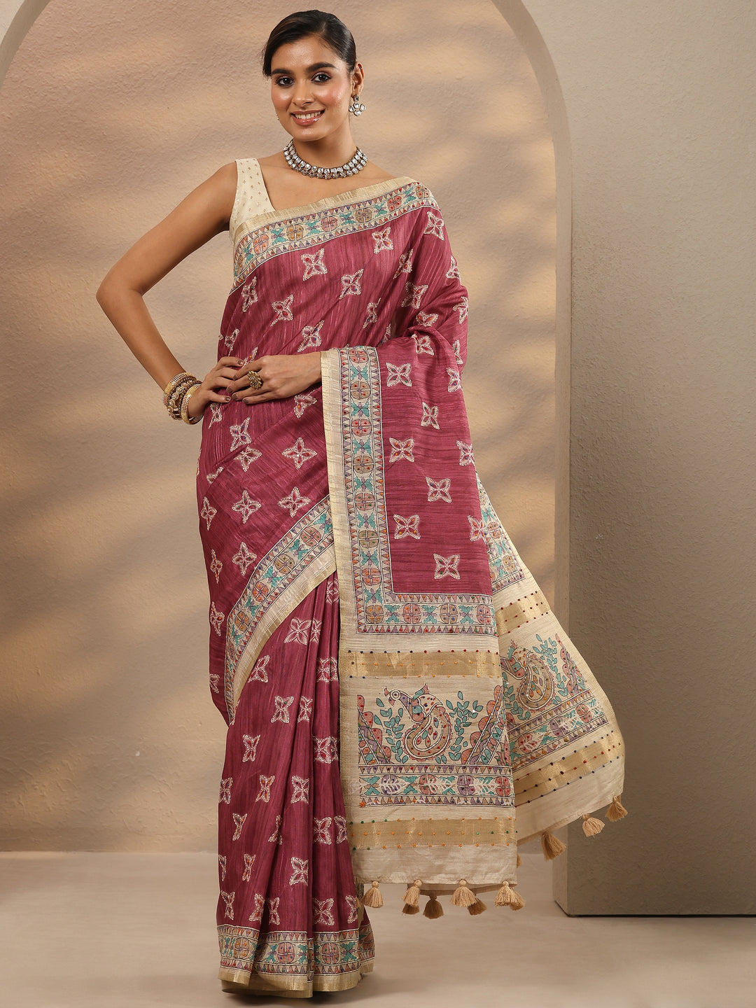 Pink Printed Silk Blend Saree With Unstitched Blouse Piece