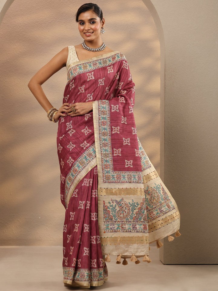 Pink Printed Silk Blend Saree With Unstitched Blouse Piece