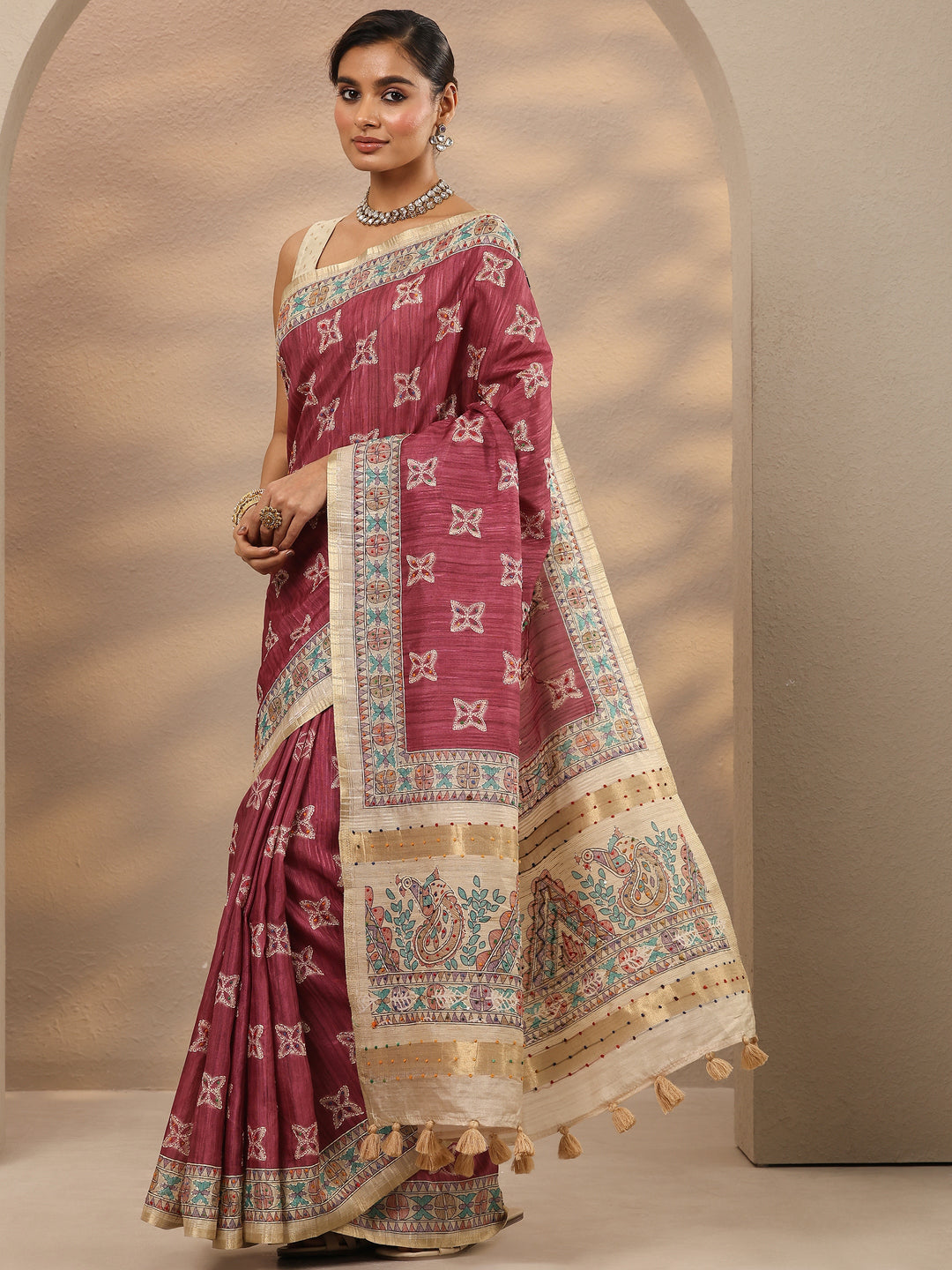 Pink Printed Silk Blend Saree With Unstitched Blouse Piece