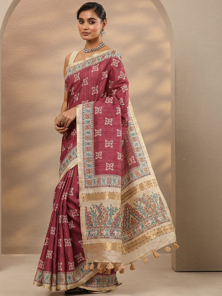 Pink Printed Silk Blend Saree With Unstitched Blouse Piece