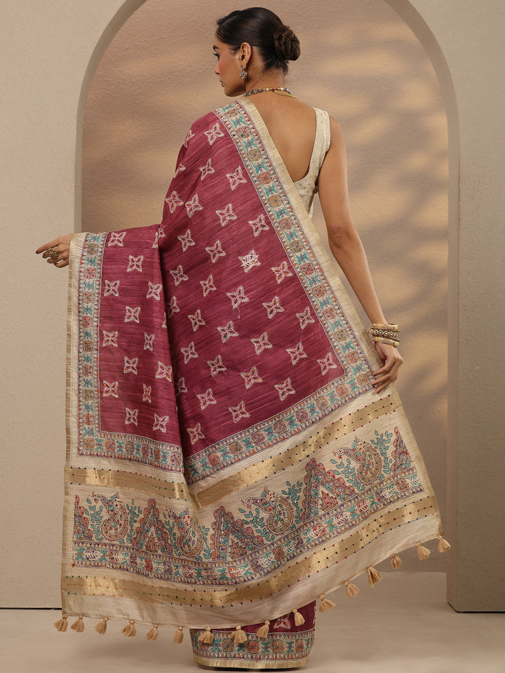 Pink Printed Silk Blend Saree With Unstitched Blouse Piece