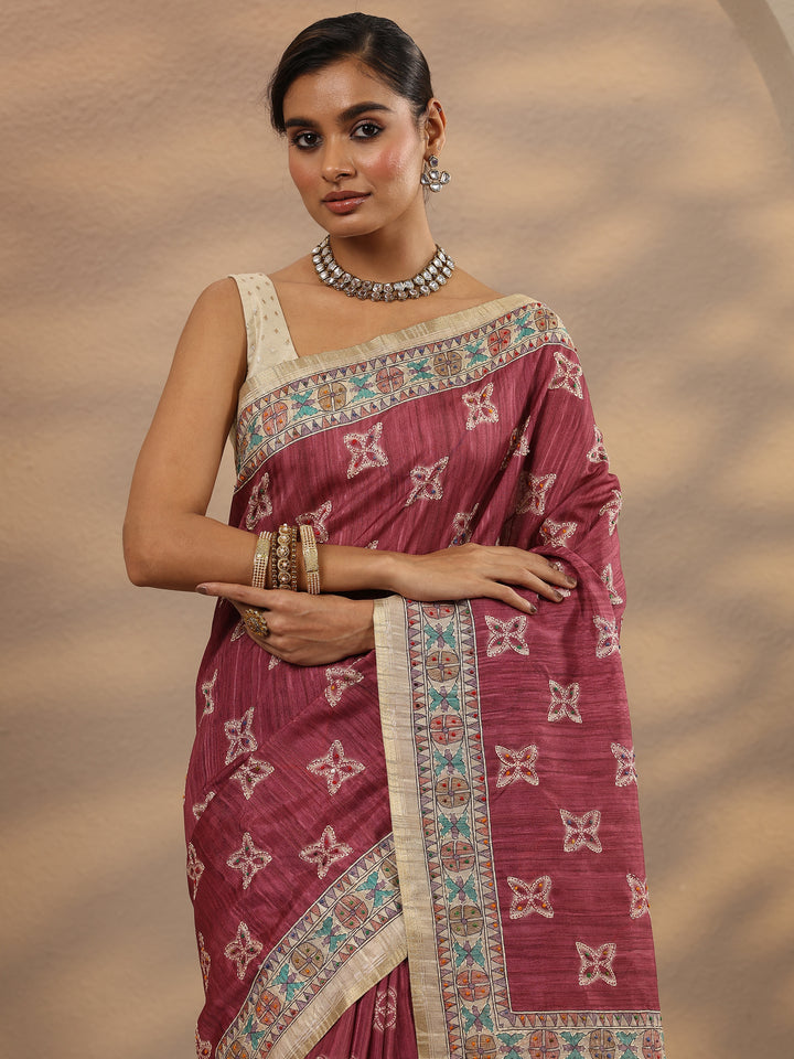 Pink Printed Silk Blend Saree With Unstitched Blouse Piece