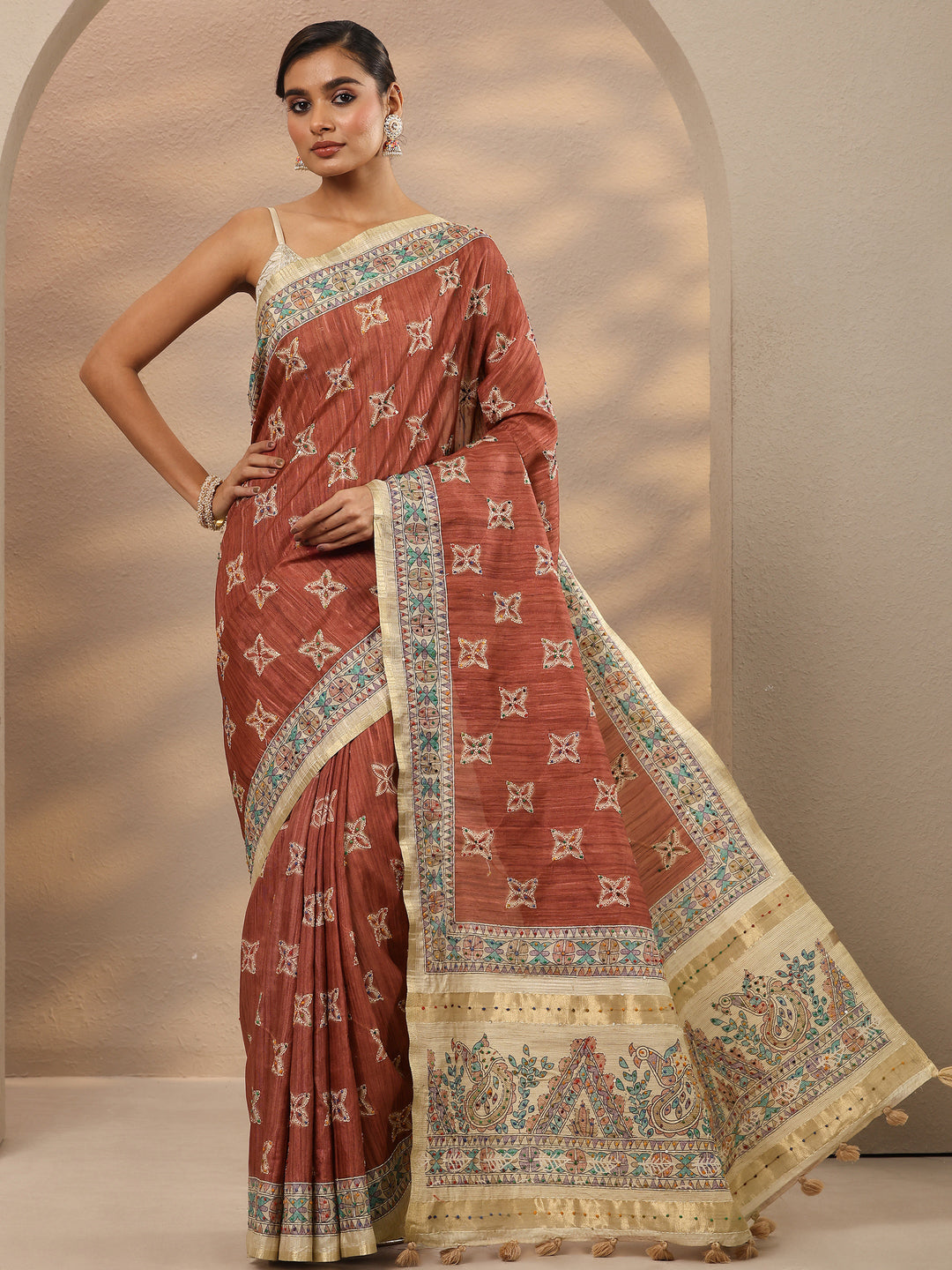 Mauve Printed Silk Blend Saree With Unstitched Blouse Piece