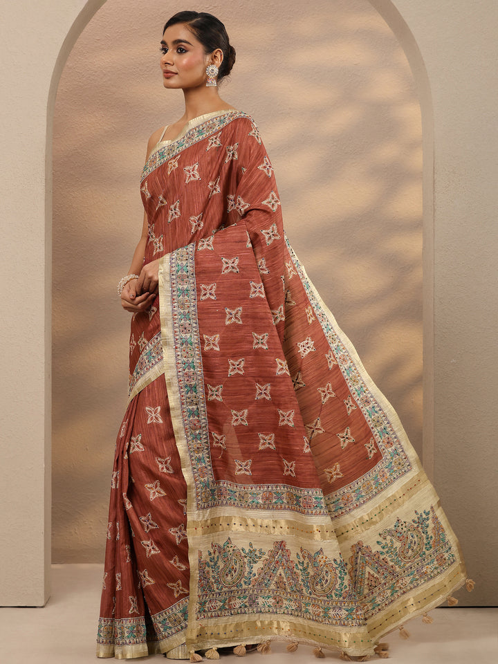 Mauve Printed Silk Blend Saree With Unstitched Blouse Piece
