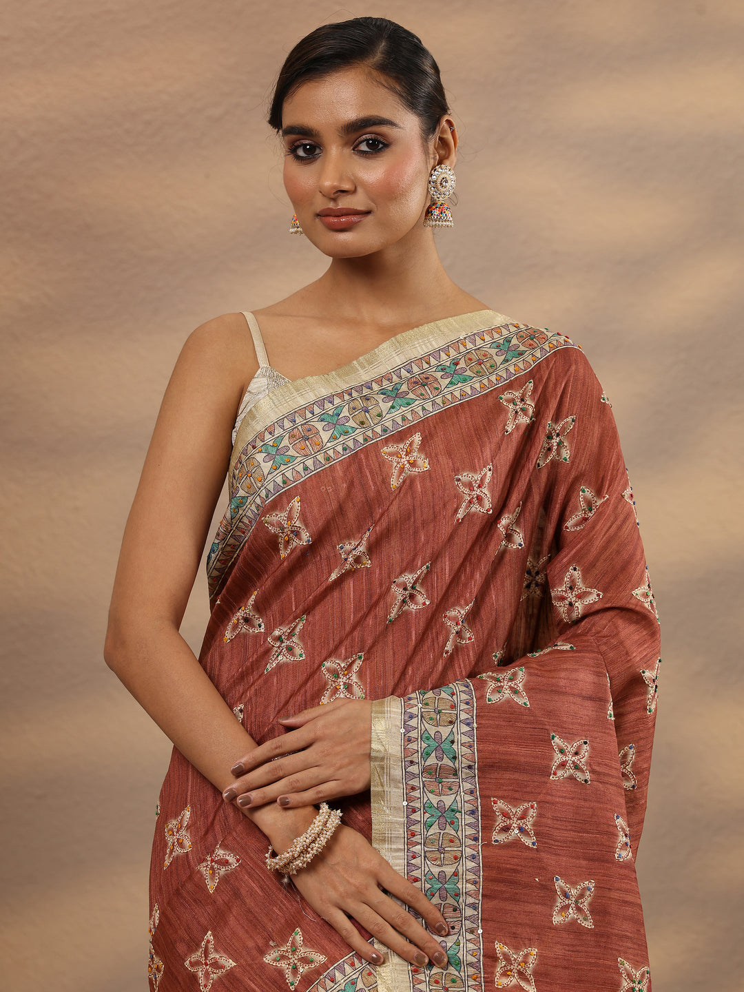Mauve Printed Silk Blend Saree With Unstitched Blouse Piece