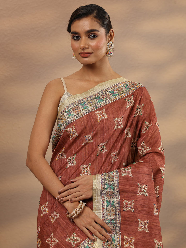 Mauve Printed Silk Blend Saree With Unstitched Blouse Piece