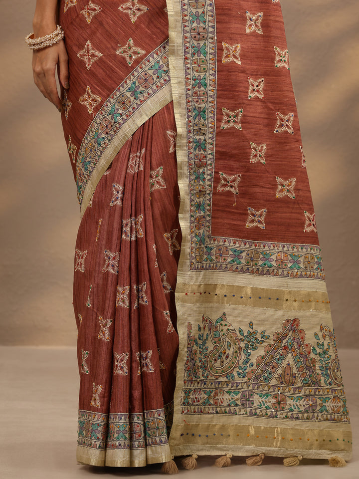 Mauve Printed Silk Blend Saree With Unstitched Blouse Piece