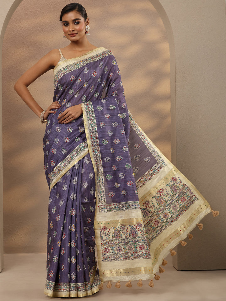 Lavender Printed Silk Blend Saree With Unstitched Blouse Piece