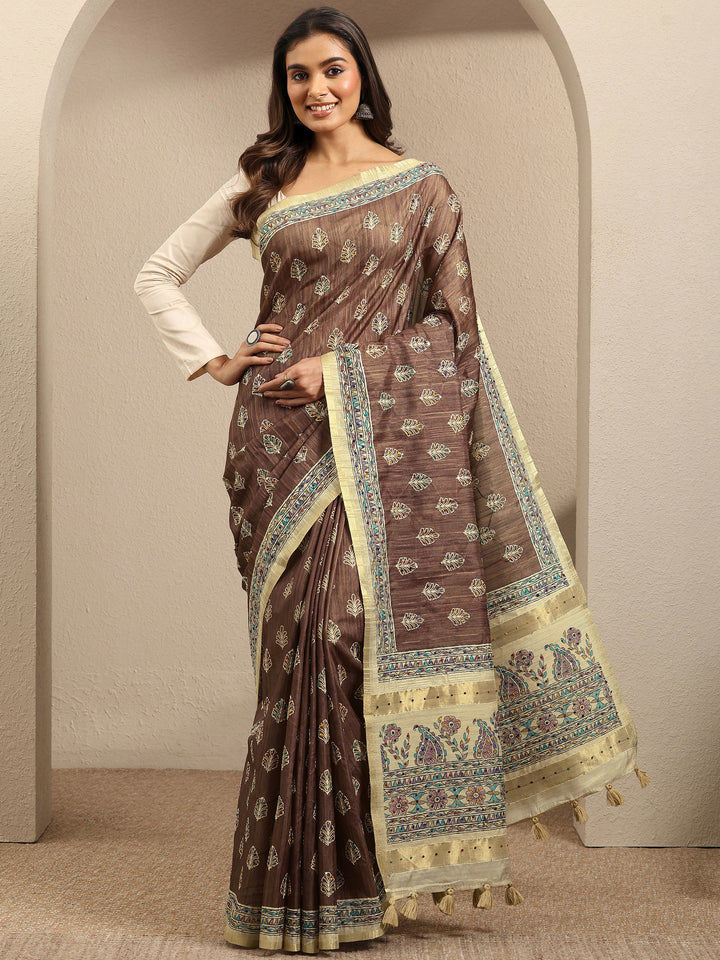 Brown Printed Silk Blend Saree With Unstitched Blouse Piece