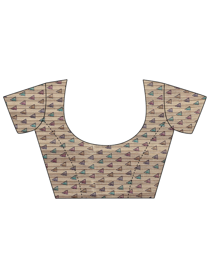 Brown Printed Silk Blend Saree With Unstitched Blouse Piece