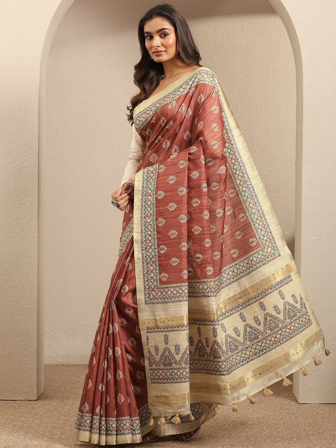 Mauve Printed Silk Blend Saree With Unstitched Blouse Piece