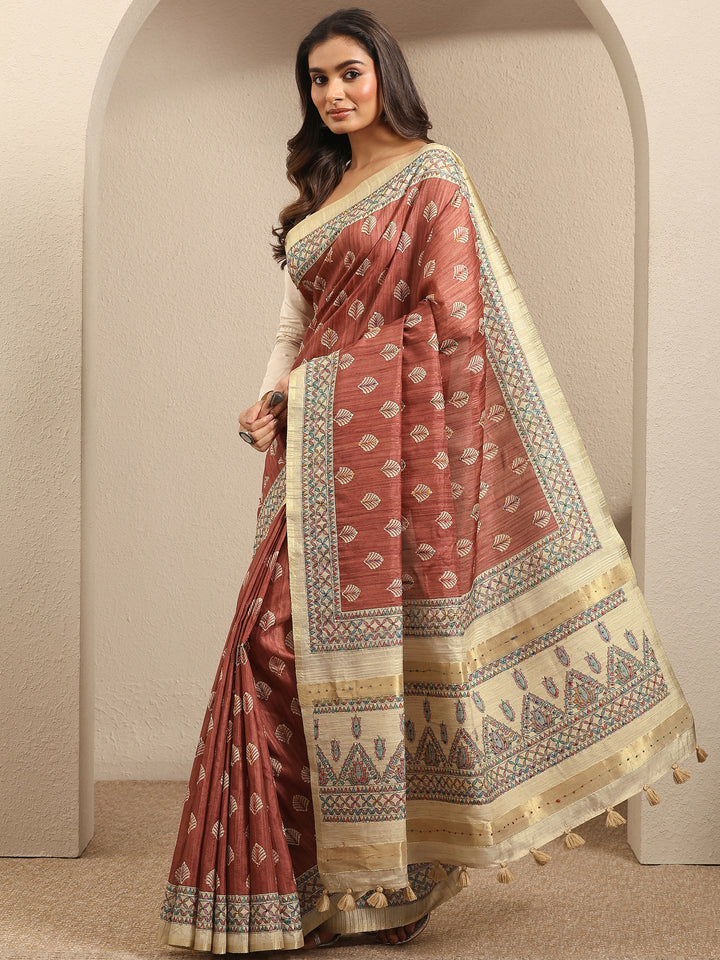 Mauve Printed Silk Blend Saree With Unstitched Blouse Piece