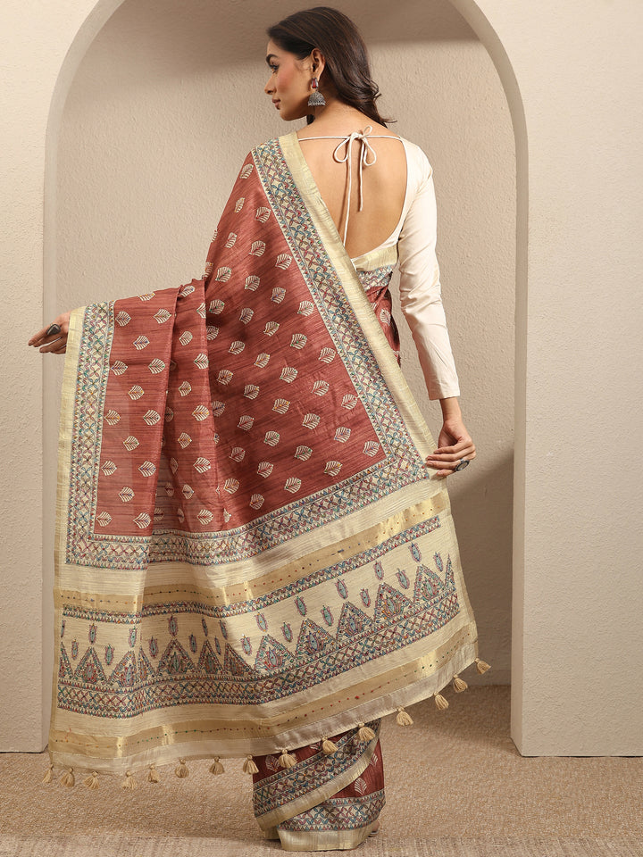 Mauve Printed Silk Blend Saree With Unstitched Blouse Piece