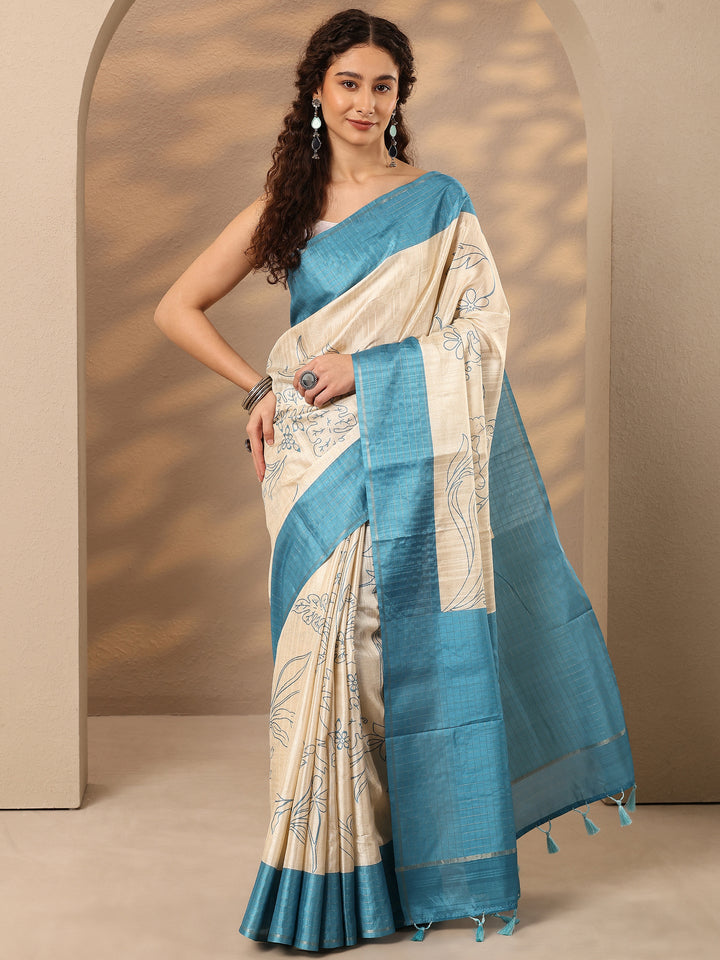 Grey Printed Silk Blend Saree With Unstitched Blouse Piece