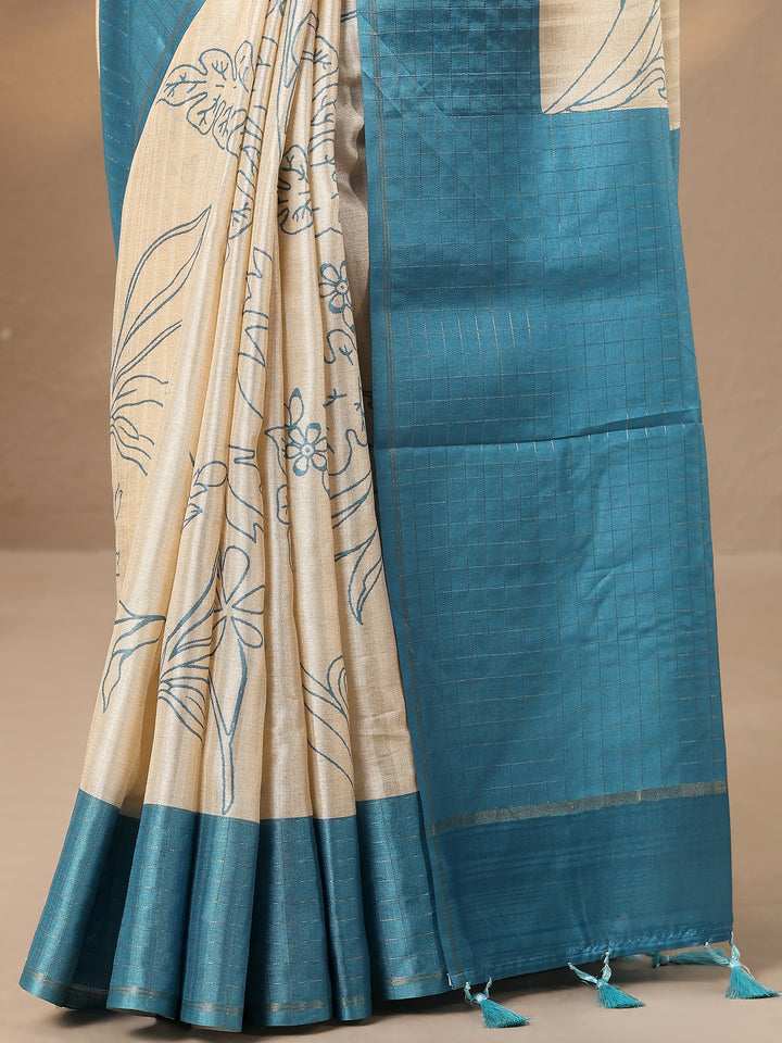 Grey Printed Silk Blend Saree With Unstitched Blouse Piece