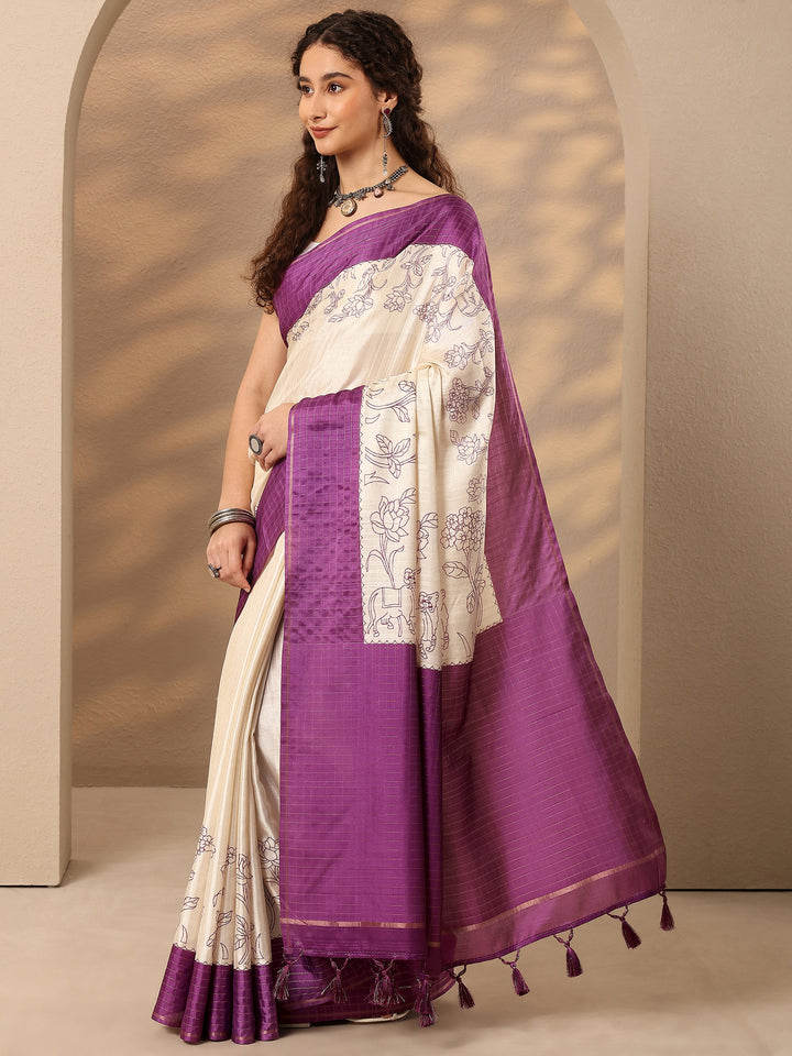 Grey Printed Silk Blend Saree With Unstitched Blouse Piece