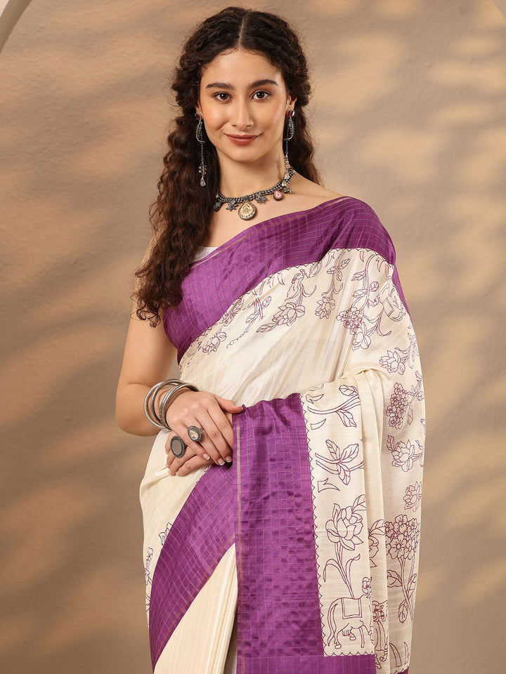 Grey Printed Silk Blend Saree With Unstitched Blouse Piece