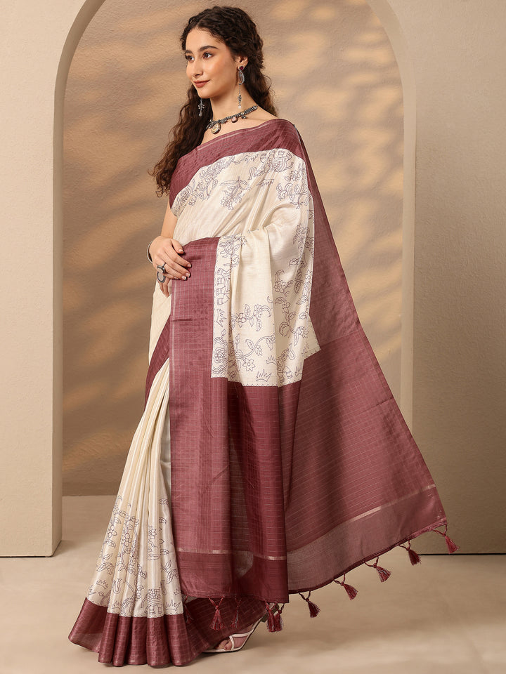 Grey Printed Silk Blend Saree With Unstitched Blouse Piece