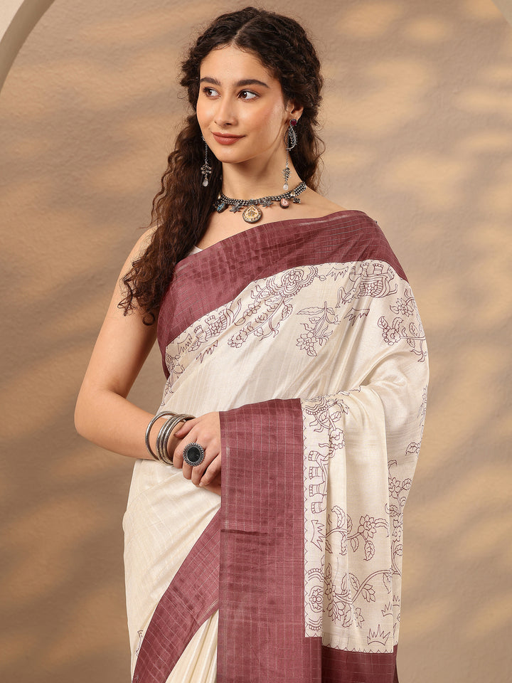 Grey Printed Silk Blend Saree With Unstitched Blouse Piece
