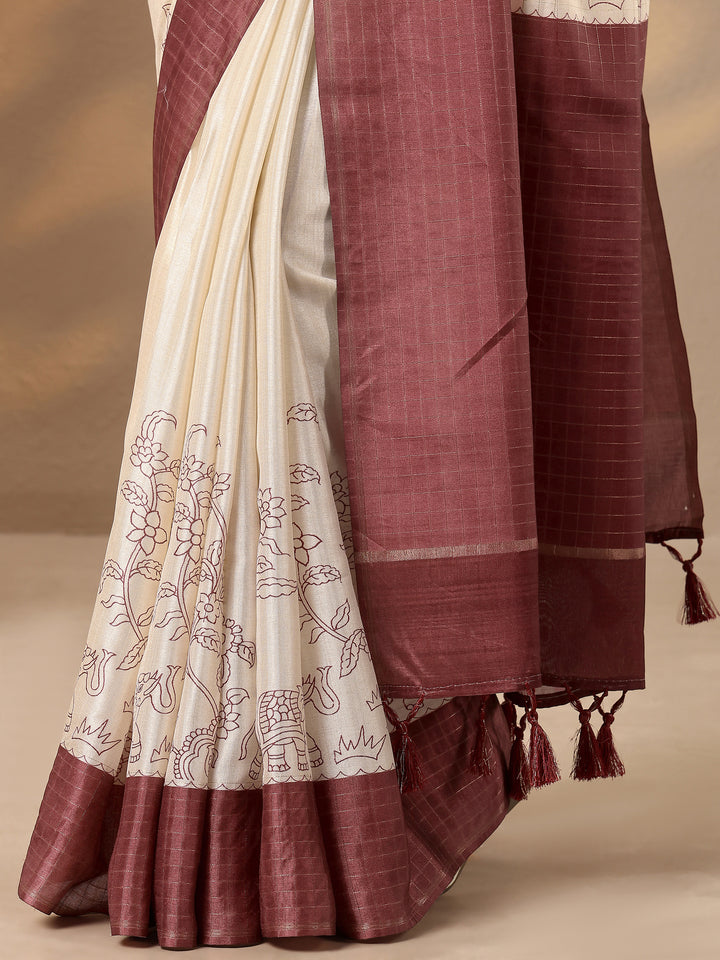 Grey Printed Silk Blend Saree With Unstitched Blouse Piece