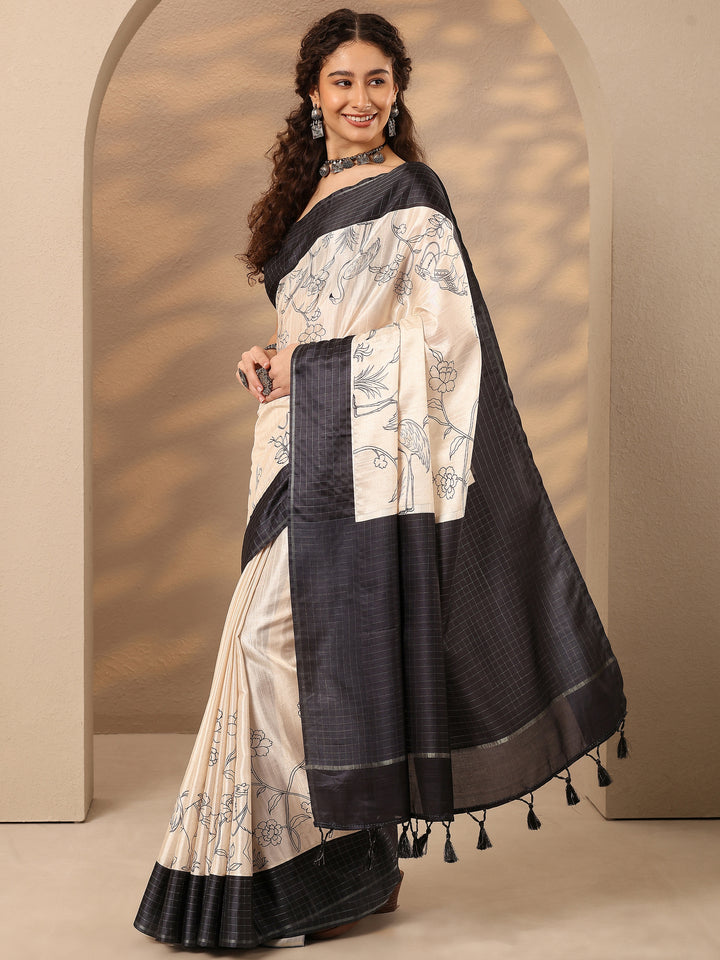 Off White Printed Silk Blend Saree With Unstitched Blouse Piece