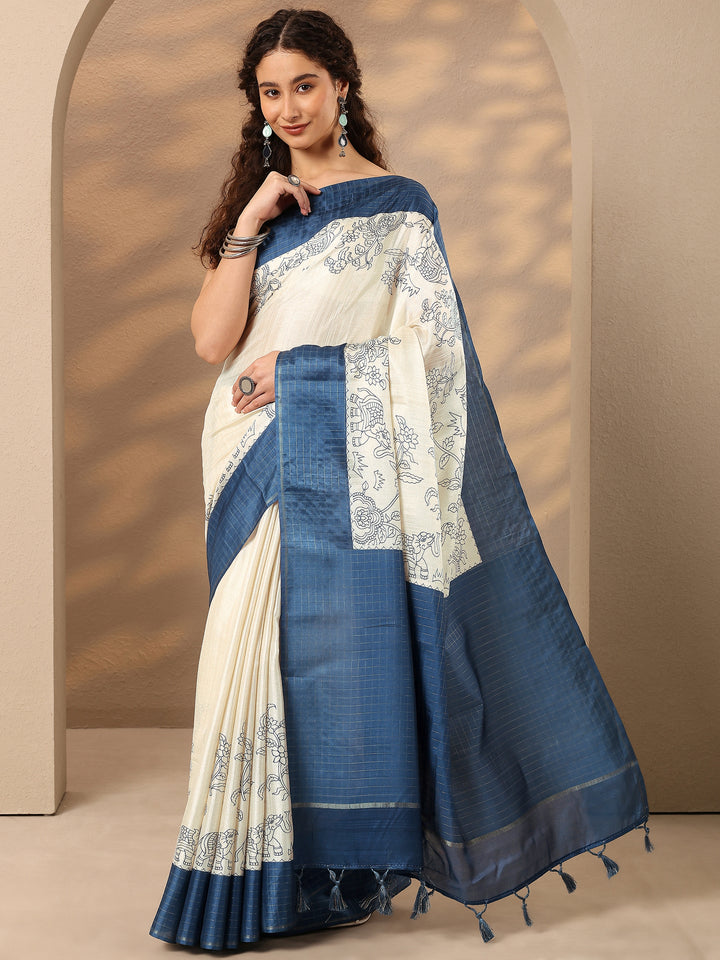 Off White Printed Silk Blend Saree With Unstitched Blouse Piece