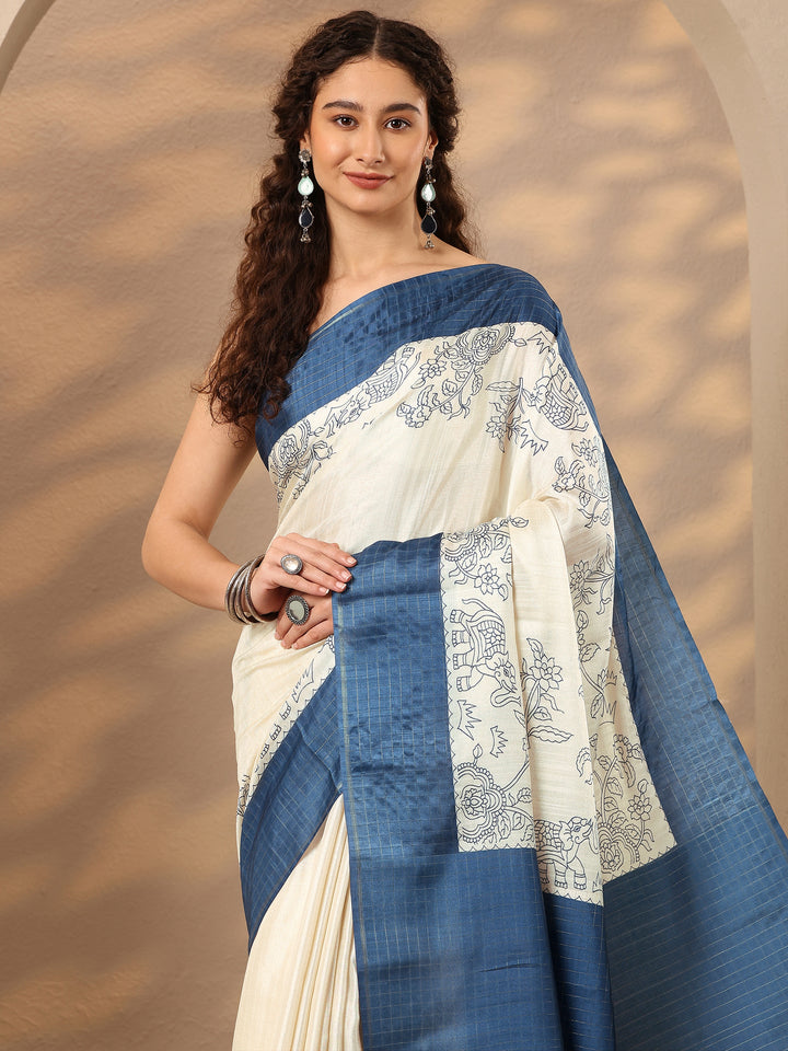 Off White Printed Silk Blend Saree With Unstitched Blouse Piece