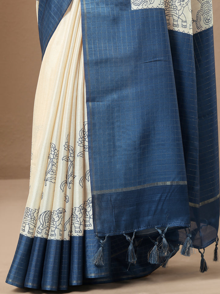 Off White Printed Silk Blend Saree With Unstitched Blouse Piece