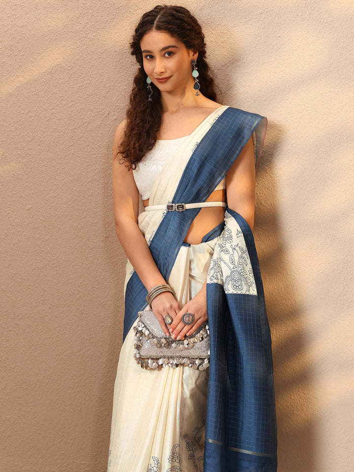 Off White Printed Silk Blend Saree With Unstitched Blouse Piece