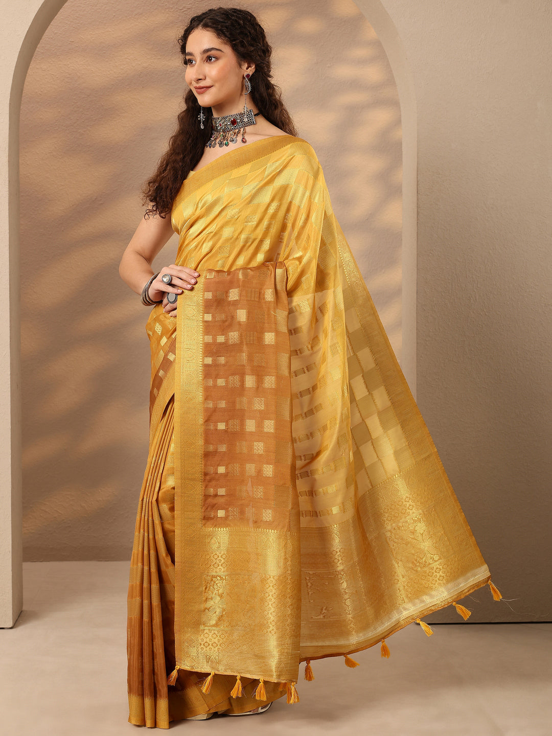Mustard Woven Design Silk Blend Saree With Unstitched Blouse Piece